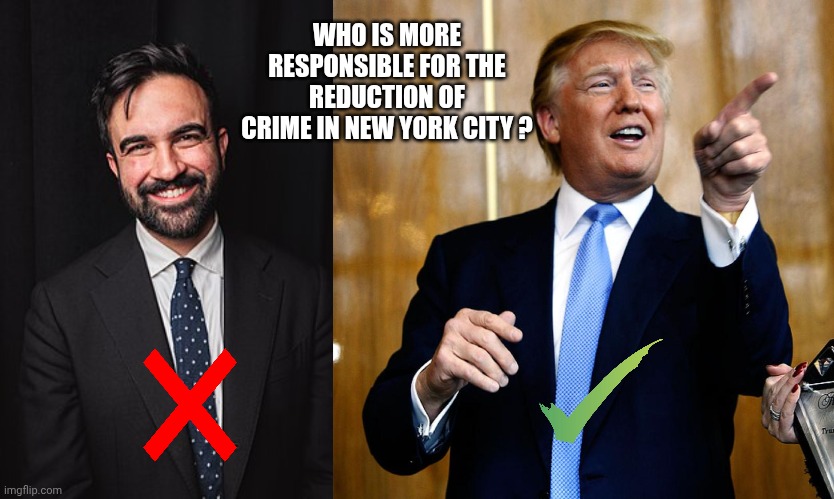 WHO IS MORE RESPONSIBLE FOR THE REDUCTION OF CRIME IN NEW YORK CITY ? | image tagged in zohran mamdani,donal trump birthday | made w/ Imgflip meme maker