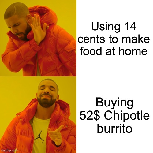 Drake Hotline Bling | Using 14 cents to make food at home; Buying 52$ Chipotle burrito | image tagged in memes,drake hotline bling,drake,rap,funny | made w/ Imgflip meme maker