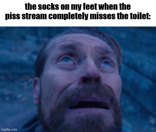 socks | the socks on my feet when the piss stream completely misses the toilet: | image tagged in willem dafoe looking up,socks,toilet,water,memes,funny | made w/ Imgflip meme maker