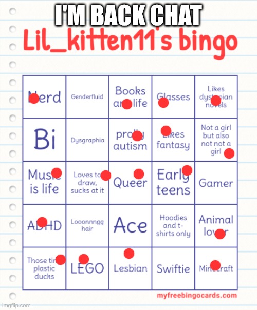 sup chat I'm back | I'M BACK CHAT | image tagged in lil_kitten11's bingo | made w/ Imgflip meme maker