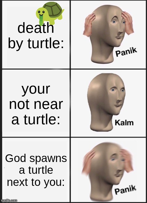 turtle death | death by turtle:; your not near a turtle:; God spawns a turtle next to you: | image tagged in memes,panik kalm panik | made w/ Imgflip meme maker