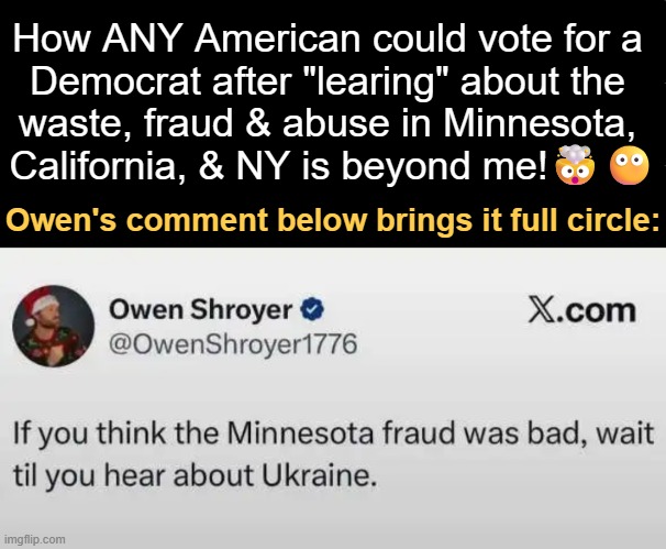 Fraudsters | How ANY American could vote for a 
Democrat after "learing" about the 
waste, fraud & abuse in Minnesota, 
California, & NY is beyond me!🤯😶; Owen's comment below brings it full circle: | image tagged in democrats,fraud,minnesota,california,new york,ukraine | made w/ Imgflip meme maker