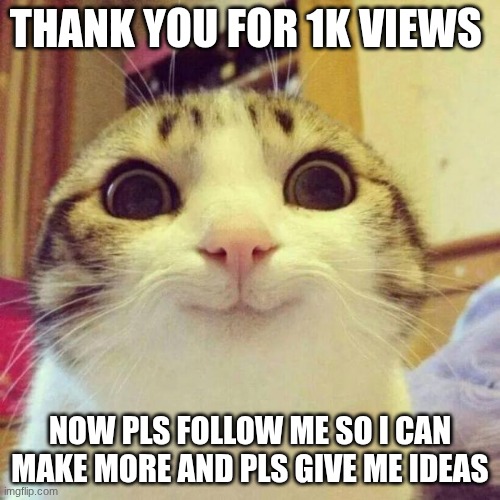 thank you | THANK YOU FOR 1K VIEWS; NOW PLS FOLLOW ME SO I CAN MAKE MORE AND PLS GIVE ME IDEAS | image tagged in memes,smiling cat | made w/ Imgflip meme maker