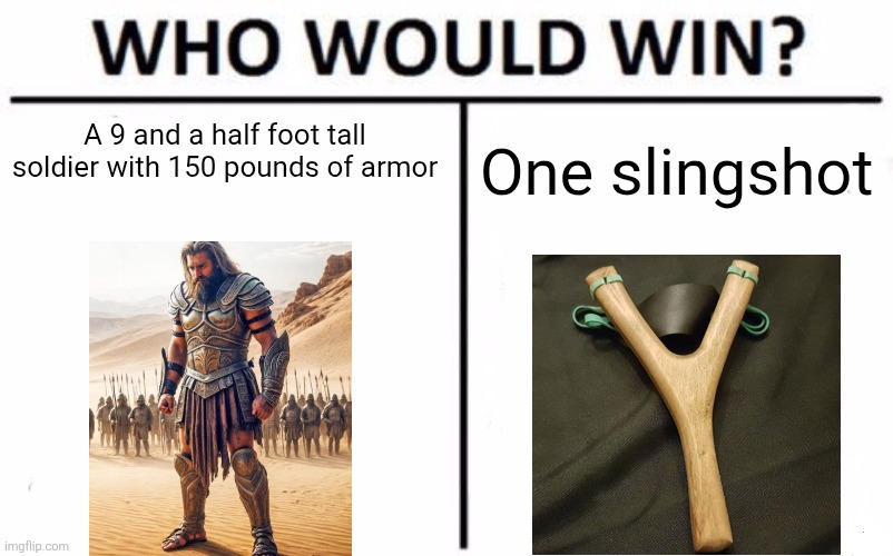 I would love to go back and witness the David and Goliath "fight" | A 9 and a half foot tall soldier with 150 pounds of armor; One slingshot | image tagged in memes,who would win,david,bible,samuel,israel | made w/ Imgflip meme maker