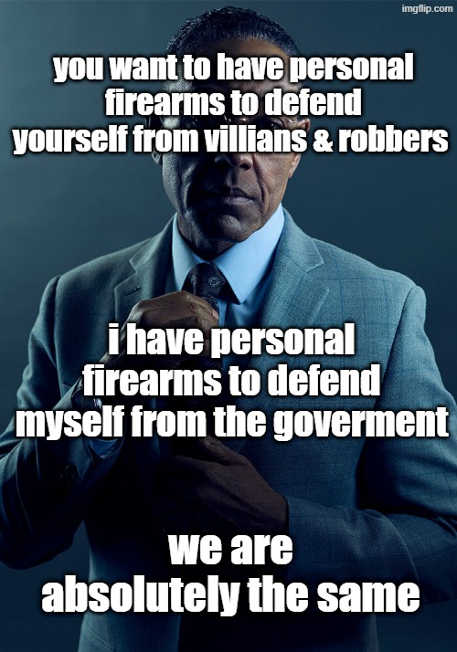 Gus Fring we are not the same | you want to have personal firearms to defend yourself from villians & robbers; i have personal firearms to defend myself from the goverment; we are absolutely the same | image tagged in gus fring we are not the same | made w/ Imgflip meme maker