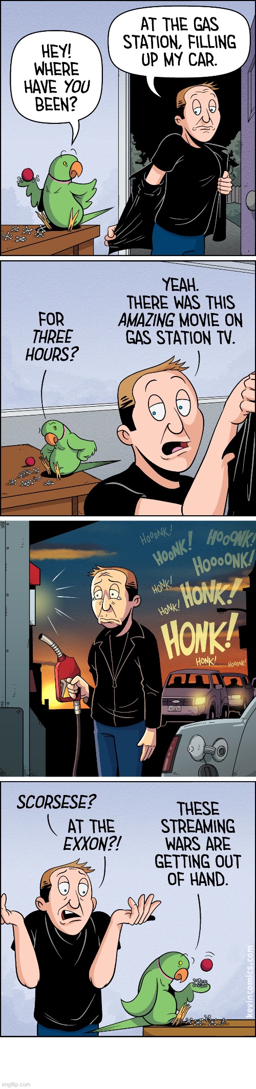 Kevin Comics | image tagged in comics,kevin comics,parrot,gas station,movie | made w/ Imgflip meme maker