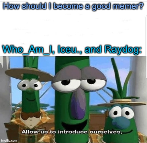 I don't know how, though. | How should I become a good memer? Who_Am_I, Iceu., and Raydog: | image tagged in allow us to introduce ourselves | made w/ Imgflip meme maker