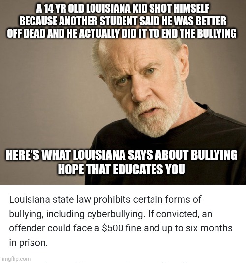 You're harmful words CAN have repucussion | A 14 YR OLD LOUISIANA KID SHOT HIMSELF BECAUSE ANOTHER STUDENT SAID HE WAS BETTER OFF DEAD AND HE ACTUALLY DID IT TO END THE BULLYING; HERE'S WHAT LOUISIANA SAYS ABOUT BULLYING 
HOPE THAT EDUCATES YOU | image tagged in political correctness carlin | made w/ Imgflip meme maker
