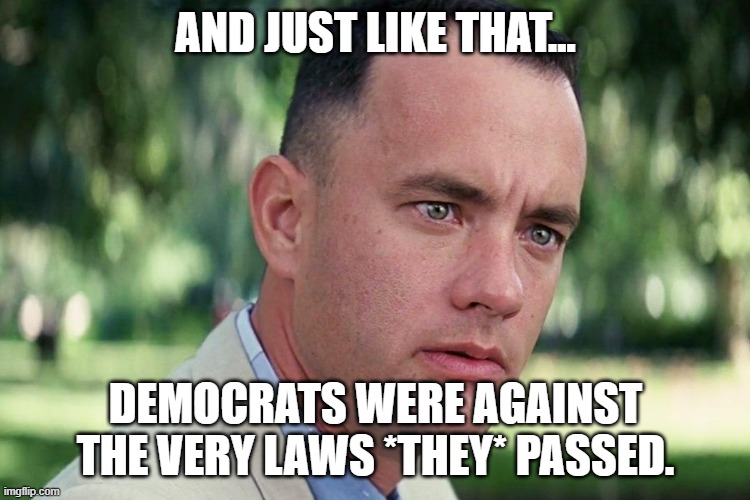Can anyone explain? Of course, not. | AND JUST LIKE THAT... DEMOCRATS WERE AGAINST THE VERY LAWS *THEY* PASSED. | image tagged in forrest gump - and just like that - hd,democrats,dumb | made w/ Imgflip meme maker