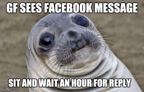 Awkward Moment Sealion | GF SEES FACEBOOK MESSAGE SIT AND WAIT AN HOUR FOR REPLY | image tagged in memes,awkward moment sealion | made w/ Imgflip meme maker