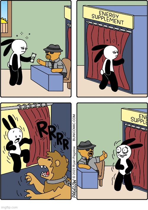 Buni Comics | image tagged in comics,buni comics,energy supplements,lion,scared | made w/ Imgflip meme maker