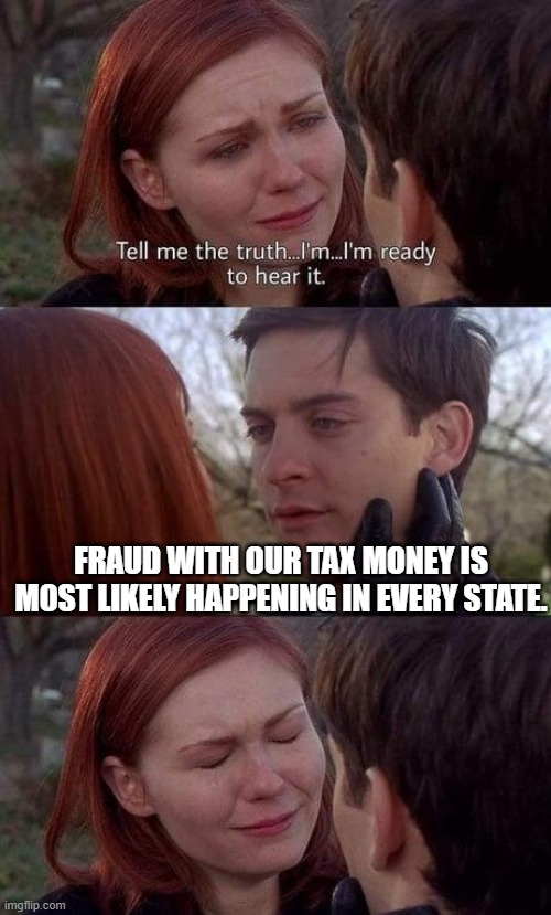 Tell me the truth, I'm ready to hear it | FRAUD WITH OUR TAX MONEY IS MOST LIKELY HAPPENING IN EVERY STATE. | image tagged in tell me the truth i'm ready to hear it,fraud,money,taxes | made w/ Imgflip meme maker