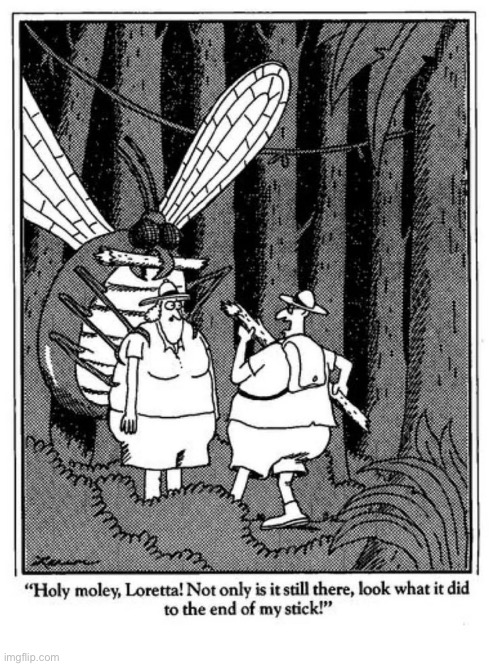 Those pesky insects… | image tagged in the far side,comics,forest,giant insect | made w/ Imgflip meme maker