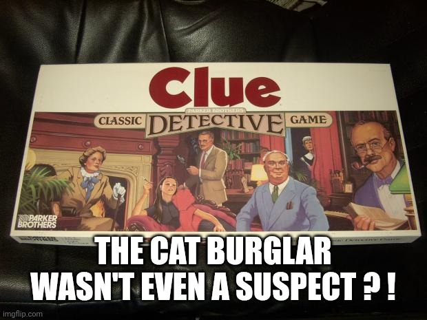 clue | THE CAT BURGLAR WASN'T EVEN A SUSPECT ? ! | image tagged in clue | made w/ Imgflip meme maker