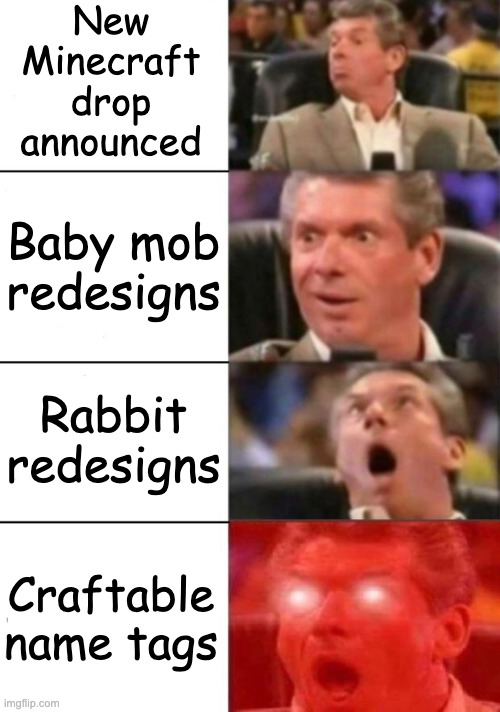 YEEEESSS I'M SO EXCITED | New Minecraft drop announced; Baby mob redesigns; Rabbit redesigns; Craftable name tags | image tagged in hype guy | made w/ Imgflip meme maker