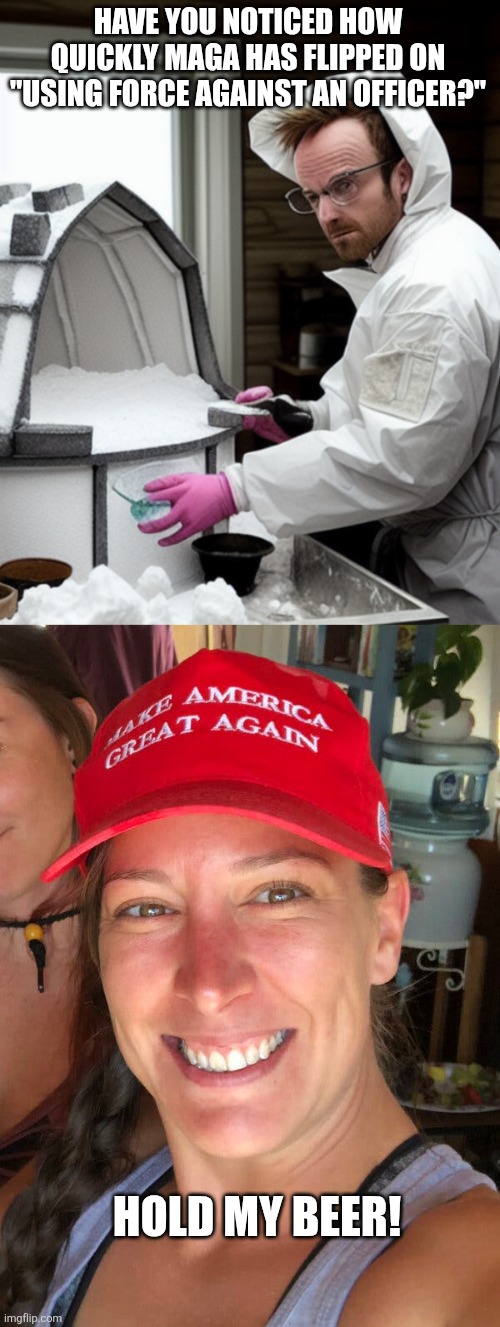 Flip flop some more.  Do all MAGA work for teeter-totter playground manufacturers? | HAVE YOU NOTICED HOW QUICKLY MAGA HAS FLIPPED ON "USING FORCE AGAINST AN OFFICER?"; HOLD MY BEER! | image tagged in snowcones,ashli babbitt | made w/ Imgflip meme maker