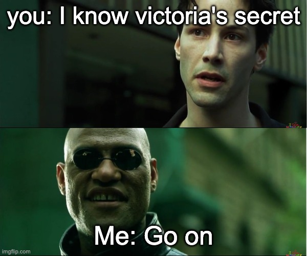 neo trying to tell me | you: I know victoria's secret Me: Go on | image tagged in neo trying to tell me | made w/ Imgflip meme maker