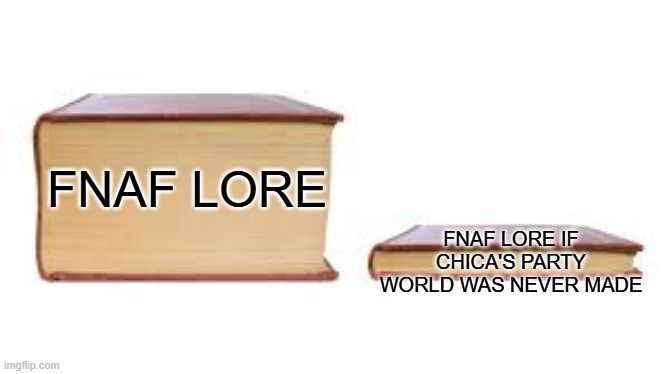 This meme is for GT fans only | FNAF LORE IF CHICA'S PARTY WORLD WAS NEVER MADE; FNAF LORE | image tagged in big book small book | made w/ Imgflip meme maker