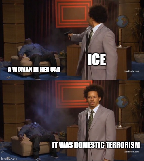What the fuck is wrong with USA ? | ICE; A WOMAN IN HER CAR; IT WAS DOMESTIC TERRORISM | image tagged in who killed hannibal,american politics,bullshit,murder,donald trump,immigration | made w/ Imgflip meme maker