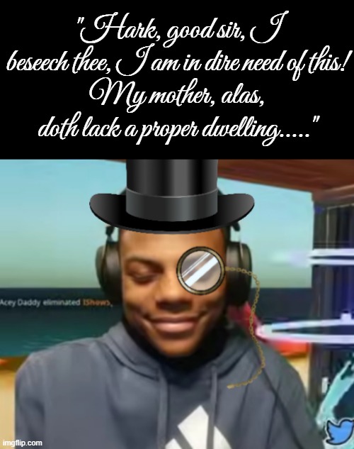 Untitled Image | "Hark, good sir, I beseech thee, I am in dire need of this!
My mother, alas, doth lack a proper dwelling....." | image tagged in what | made w/ Imgflip meme maker