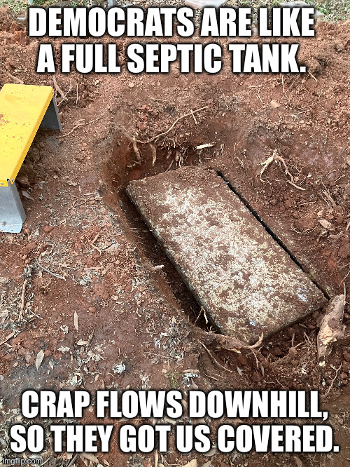 DEMOCRATS ARE LIKE 
A FULL SEPTIC TANK. CRAP FLOWS DOWNHILL, SO THEY GOT US COVERED. | made w/ Imgflip meme maker