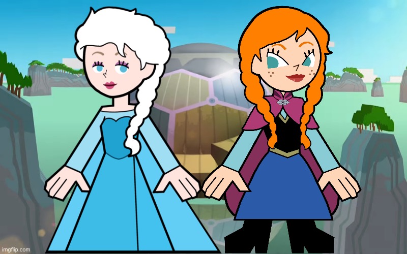 Elsa and Anna in Hero 108 Style | image tagged in big green location from hero 108,elsa,anna,frozen,disney princess,hero 108 | made w/ Imgflip meme maker