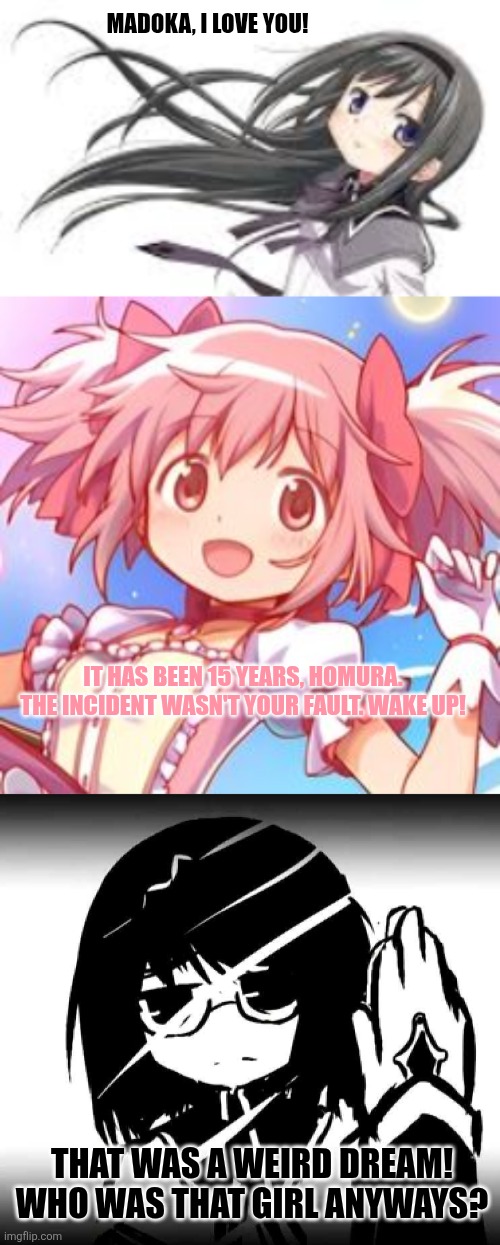 MADOKA, I LOVE YOU! IT HAS BEEN 15 YEARS, HOMURA. THE INCIDENT WASN'T YOUR FAULT. WAKE UP! THAT WAS A WEIRD DREAM! WHO WAS THAT GIRL ANYWAYS? | image tagged in memes,amnesia,schizo | made w/ Imgflip meme maker
