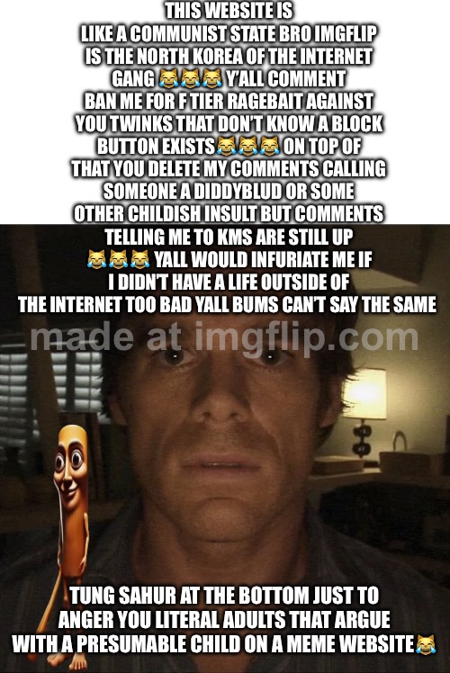 Wake up and realize you can’t shut people up in real life for having different opinions ?see how u gonna do in do in real life | THIS WEBSITE IS LIKE A COMMUNIST STATE BRO IMGFLIP IS THE NORTH KOREA OF THE INTERNET GANG 😹😹😹 Y’ALL COMMENT BAN ME FOR F TIER RAGEBAIT AGAINST YOU TWINKS THAT DON’T KNOW A BLOCK BUTTON EXISTS😹😹😹 ON TOP OF THAT YOU DELETE MY COMMENTS CALLING SOMEONE A DIDDYBLUD OR SOME OTHER CHILDISH INSULT BUT COMMENTS TELLING ME TO KMS ARE STILL UP 😹😹😹 YALL WOULD INFURIATE ME IF I DIDN’T HAVE A LIFE OUTSIDE OF THE INTERNET TOO BAD YALL BUMS CAN’T SAY THE SAME; TUNG SAHUR AT THE BOTTOM JUST TO ANGER YOU LITERAL ADULTS THAT ARGUE WITH A PRESUMABLE CHILD ON A MEME WEBSITE😹 | image tagged in dexter morgan,memes,truth hurts,truth nuke | made w/ Imgflip meme maker