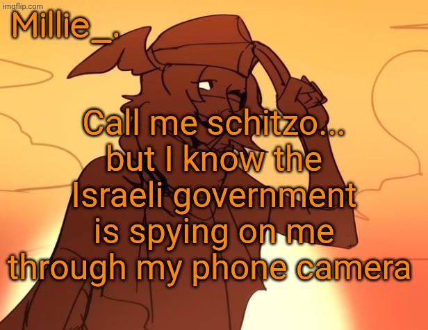 Millie's Hermes from Epic: The Musical announcement template | Call me schitzo... but I know the Israeli government is spying on me through my phone camera | image tagged in millie's hermes from epic the musical announcement template | made w/ Imgflip meme maker