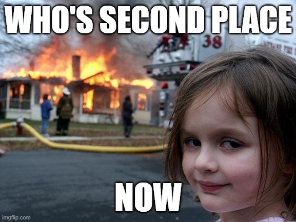 Disaster Girl | WHO'S SECOND PLACE; NOW | image tagged in memes,disaster girl | made w/ Imgflip meme maker