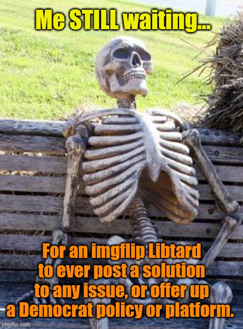 Waiting Skeleton Meme | Me STILL waiting... For an imgflip Libtard to ever post a solution to any issue, or offer up a Democrat policy or platform. | image tagged in memes,waiting skeleton | made w/ Imgflip meme maker