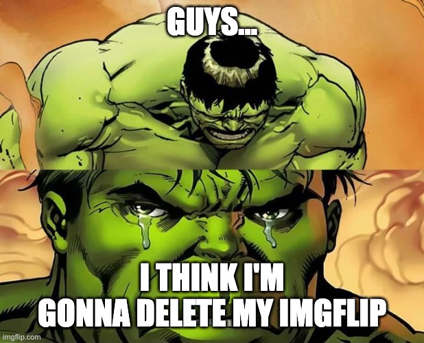 Crying Hulk | GUYS... I THINK I'M GONNA DELETE MY IMGFLIP | image tagged in crying hulk | made w/ Imgflip meme maker
