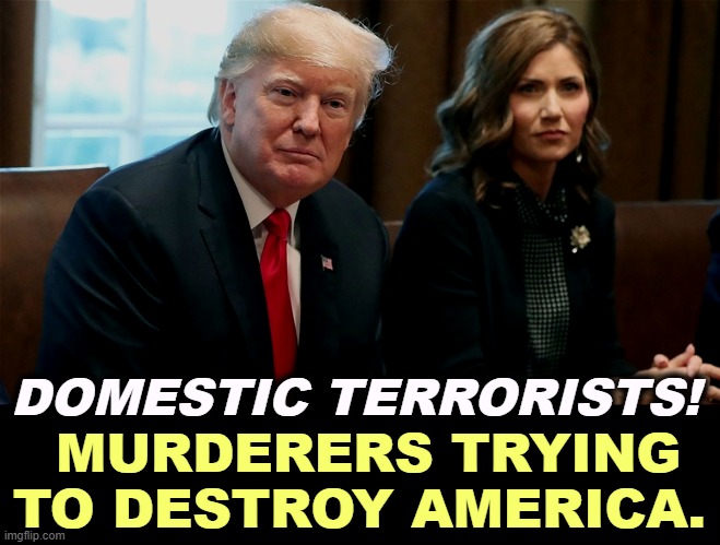 ETTD. | DOMESTIC TERRORISTS! MURDERERS TRYING TO DESTROY AMERICA. | image tagged in trump,kristi noem,murderers,destroy,america,united states | made w/ Imgflip meme maker