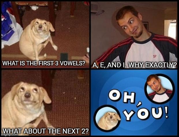 Oh, you! | A, E, AND I. WHY EXACTLY? WHAT IS THE FIRST 3 VOWELS? WHAT ABOUT THE NEXT 2? | image tagged in oh you | made w/ Imgflip meme maker