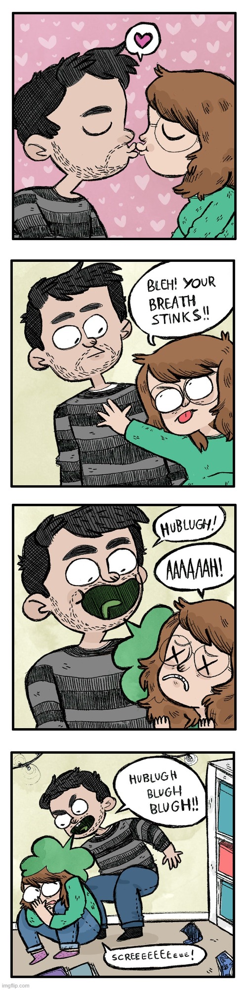 image tagged in kiss,breath,bad breath,stinky,breathing,yuck | made w/ Imgflip meme maker