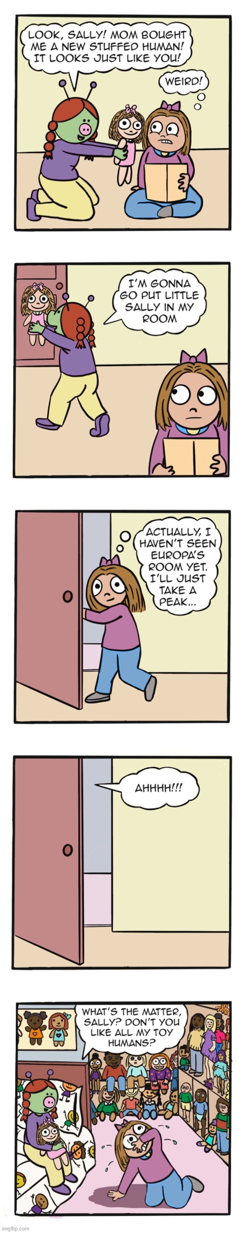 image tagged in human,sally,alien,room,dolls,scary | made w/ Imgflip meme maker