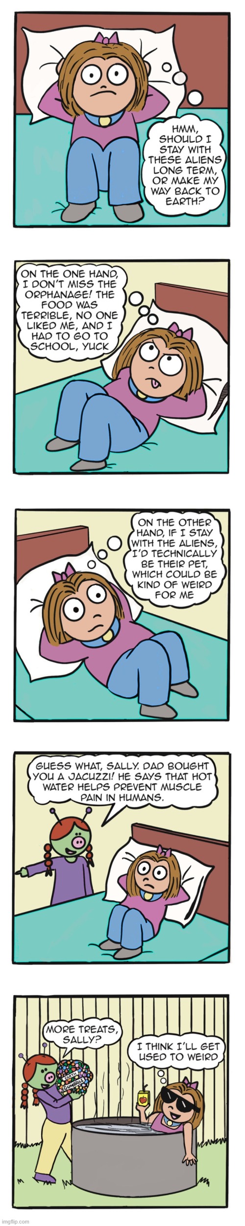 image tagged in human,sally,alien,pet,weird,jacuzzi | made w/ Imgflip meme maker