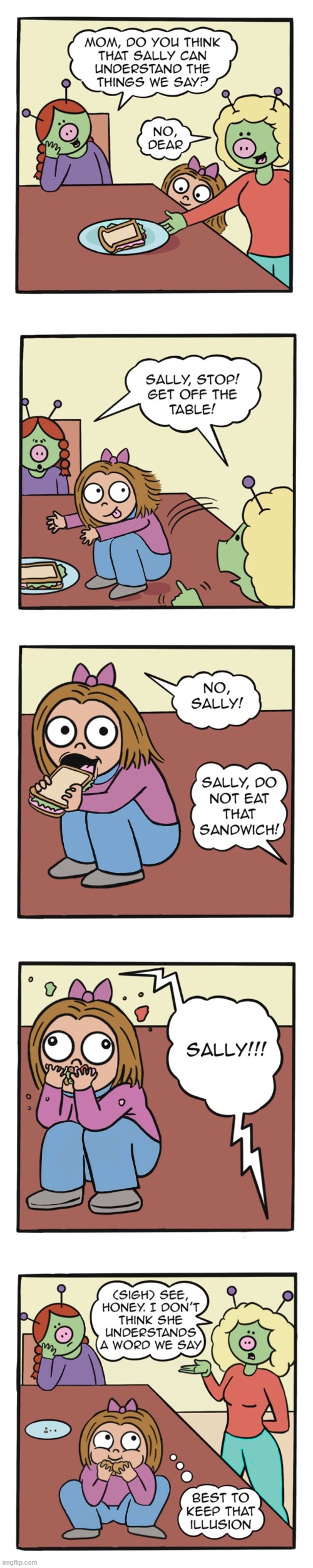 image tagged in human,sally,aliens,sandwich,table,hehe | made w/ Imgflip meme maker