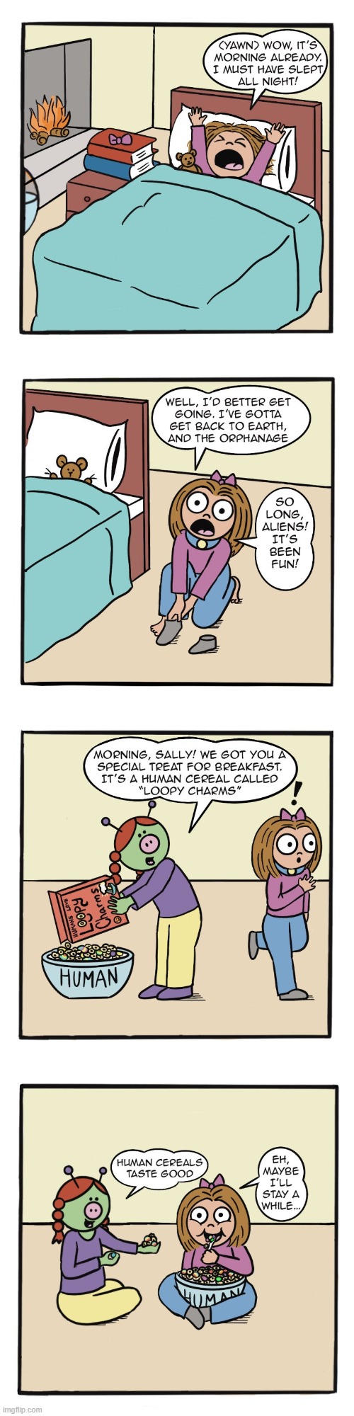 image tagged in human,sally,morning,alien,breakfast,cereal | made w/ Imgflip meme maker