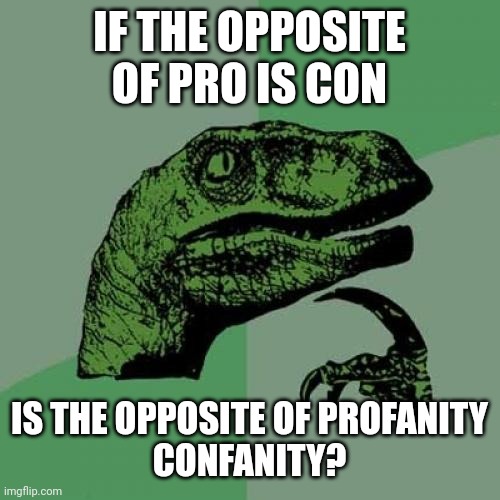 Philosoraptor on profanity | IF THE OPPOSITE OF PRO IS CON; IS THE OPPOSITE OF PROFANITY
CONFANITY? | image tagged in memes,philosoraptor,profanity,pro,con,opposites | made w/ Imgflip meme maker