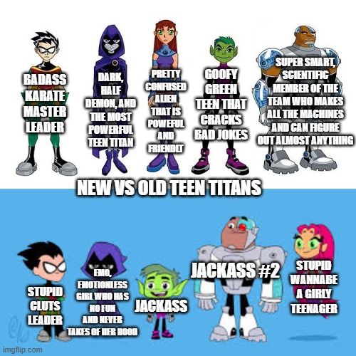PRETTY CONFUSED ALIEN THAT IS POWEFUL AND FRIENDLT; SUPER SMART, SCIENTIFIC MEMBER OF THE TEAM WHO MAKES ALL THE MACHINES AND CAN FIGURE OUT ALMOST ANYTHING; GOOFY GREEN TEEN THAT CRACKS BAD JOKES; DARK, HALF DEMON, AND THE MOST POWERFUL TEEN TITAN; BADASS KARATE MASTER LEADER; NEW VS OLD TEEN TITANS; EMO, EMOTIONLESS GIRL WHO HAS NO FUN AND NEVER TAKES OF HER HOOD; STUPID WANNABE A GIRLY TEENAGER; JACKASS #2; STUPID CLUTS LEADER; JACKASS | made w/ Imgflip meme maker