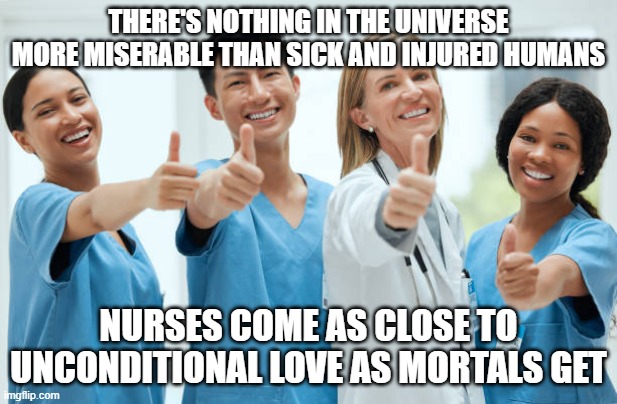 Nurses | THERE'S NOTHING IN THE UNIVERSE MORE MISERABLE THAN SICK AND INJURED HUMANS; NURSES COME AS CLOSE TO UNCONDITIONAL LOVE AS MORTALS GET | image tagged in nurse,nurses,nursing | made w/ Imgflip meme maker
