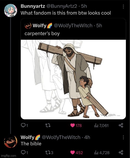 What fandom is this from btw looks cool

carpenter's boy

The bible | made w/ Imgflip meme maker