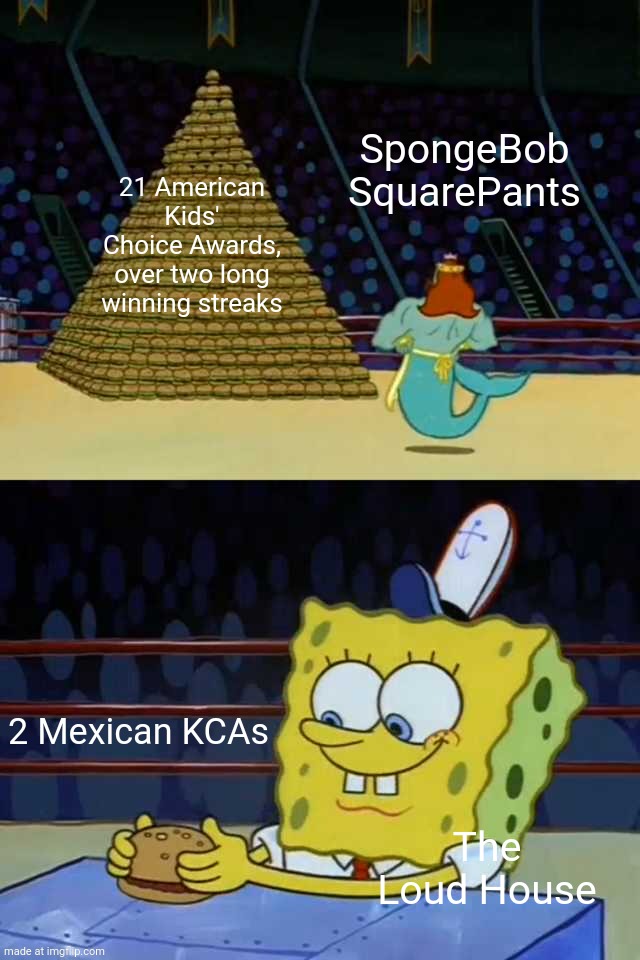 spongebob burger neptune | SpongeBob SquarePants; 21 American Kids' Choice Awards, over two long winning streaks; 2 Mexican KCAs; The Loud House | image tagged in spongebob burger neptune,awards,winning,the loud house,american,mexican | made w/ Imgflip meme maker