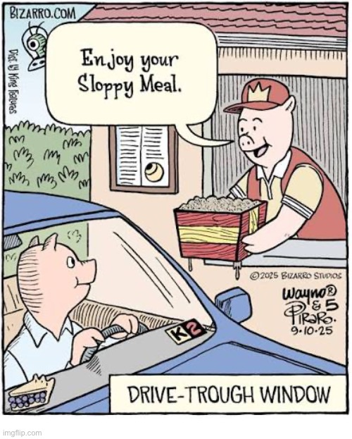 Bizarro Comics | image tagged in comics,bizarro comics,pigs,sloppy meal,drive thru | made w/ Imgflip meme maker