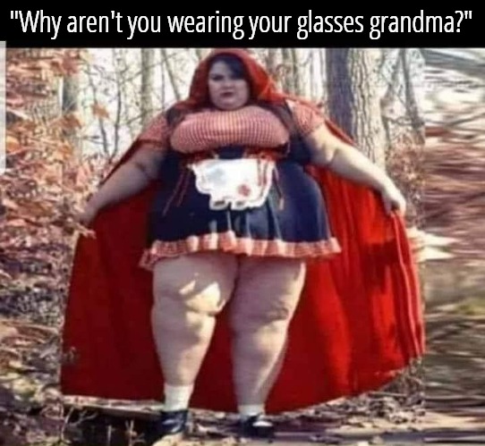 "Why aren't you wearing your glasses grandma?" | image tagged in funny,memes,little red riding hood | made w/ Imgflip meme maker