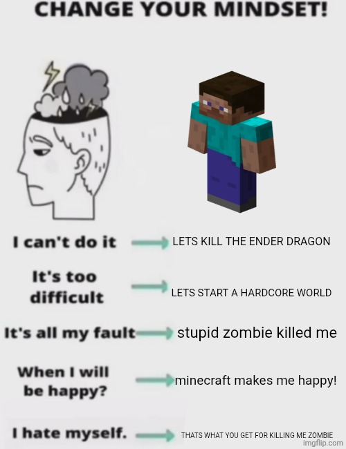 S T E V E | LETS KILL THE ENDER DRAGON; LETS START A HARDCORE WORLD; stupid zombie killed me; minecraft makes me happy! THATS WHAT YOU GET FOR KILLING ME ZOMBIE | image tagged in change your mindset | made w/ Imgflip meme maker