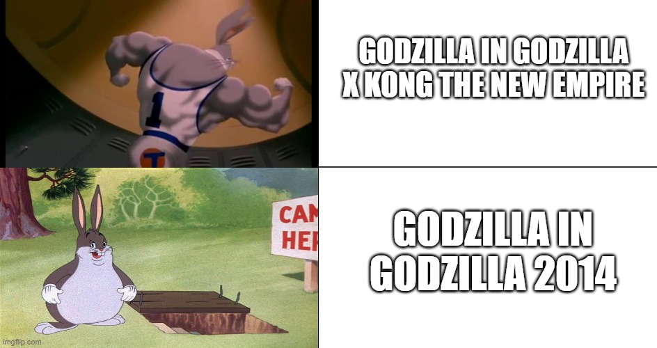 cough. cough. | GODZILLA IN GODZILLA X KONG THE NEW EMPIRE; GODZILLA IN GODZILLA 2014 | image tagged in bugs bunny muscles,godzilla,godzilla x kong the new empire | made w/ Imgflip meme maker