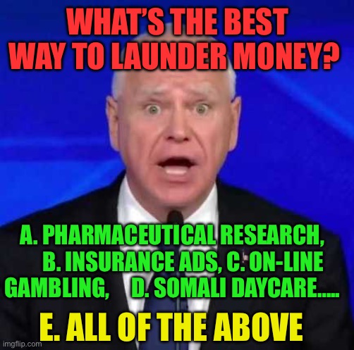 Reason for endless TV advertising | WHAT’S THE BEST WAY TO LAUNDER MONEY? A. PHARMACEUTICAL RESEARCH,      B. INSURANCE ADS, C. ON-LINE GAMBLING,     D. SOMALI DAYCARE….. E. ALL OF THE ABOVE | image tagged in tim walz,corruption,democratic socialism,insurance,big pharma,gambling | made w/ Imgflip meme maker
