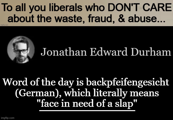 A liberal will cut off your leg so he can hand you a crutch. ~~  Jim Brown | To all you liberals who DON'T CARE
about the waste, fraud, & abuse... Jonathan Edward Durham; Word of the day is backpfeifengesicht 
(German), which literally means
"face in need of a slap"; __________ | image tagged in beige narrow meme,political humor,liberals,leftists,democrats,waste fraud abuse | made w/ Imgflip meme maker